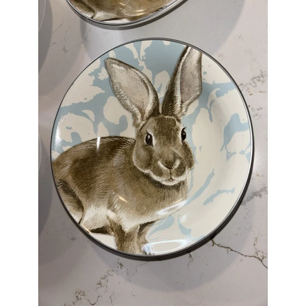 Set Of 4 Williams Sonoma Damask Bunny Cereal SOUP BOWL Blue Floral Rabbit  7.5